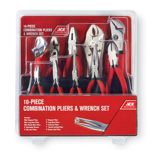 Ace 10 pc. Carbon Steel Pliers and Wrench Set Black/Red